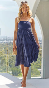 Shirley Ruffle Tiered Midi Dress - Navy Ins Street