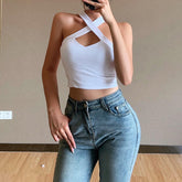 White Patchwork Halter Tank Top Ins street