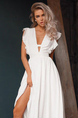Short Sleeve Split Ankle-Length V-Neck Expansion Women's Dress Ins street