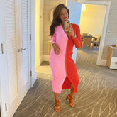 Abril Colorblock Button Front Knit Midi Dress - Red Tan DEE-001