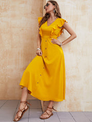 Yellow V-Neck Swing Sleeveless Ladies Dress Ins street