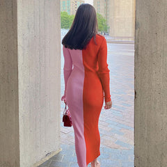 Abril Colorblock Button Front Knit Midi Dress - Red Tan DEE-001