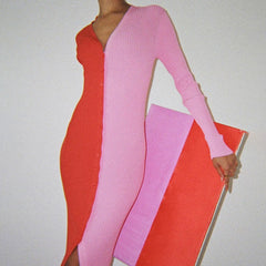 Abril Colorblock Button Front Knit Midi Dress - Red Tan DEE-001