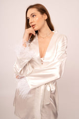 Damian Feather Trim Robe-White Ins Street
