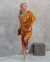Persimmon One Shoulder Satin Drape Dress - Marigold DO+B-001