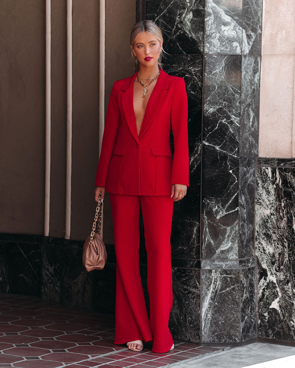 Runway Pocketed Belted Flare Trousers - Red Ins Street