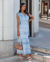 Sacha Cotton Linen Crochet Tiered Midi Dress - Blue Ins Street