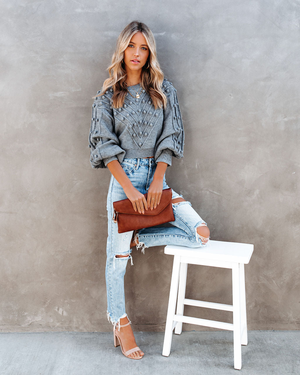 Upstage Cropped Balloon Sleeve Pom Sweater SKYL-002