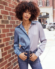 Macy Satin Colorblock Button Down Blouse - Blue Ins Street