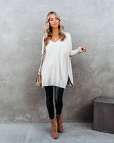 Vital V-Neck Ribbed Sleeve Sweater - Heather Stone Ins Street