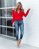 Yeva Cropped Button Down Ruffle Blouse - Red Ins Street