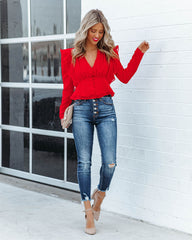 Yeva Cropped Button Down Ruffle Blouse - Red Ins Street
