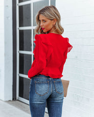 Yeva Cropped Button Down Ruffle Blouse - Red Ins Street