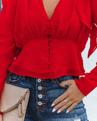 Yeva Cropped Button Down Ruffle Blouse - Red Ins Street