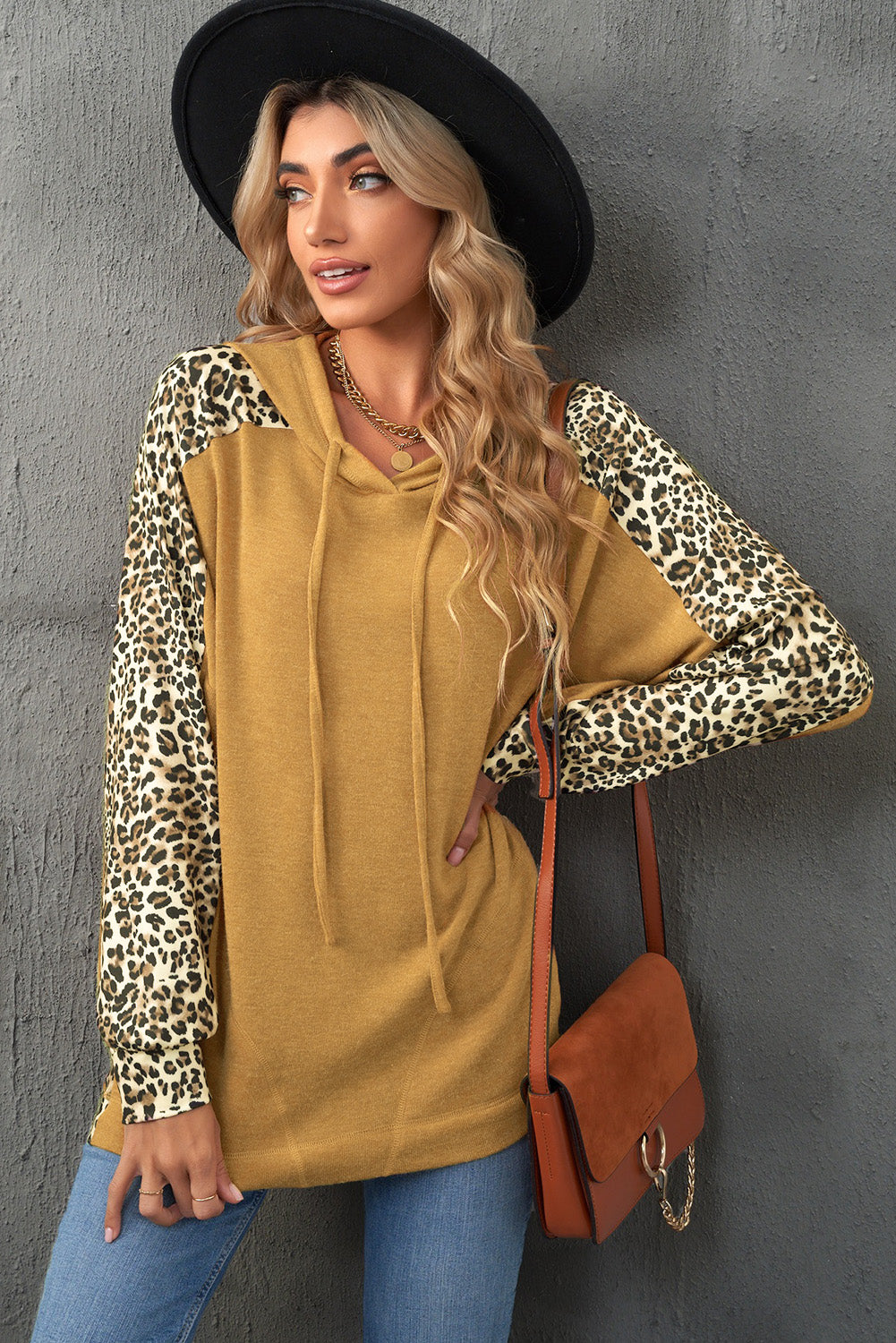 Leopard Print Sleeve Drawstring Hoodie Ins Street
