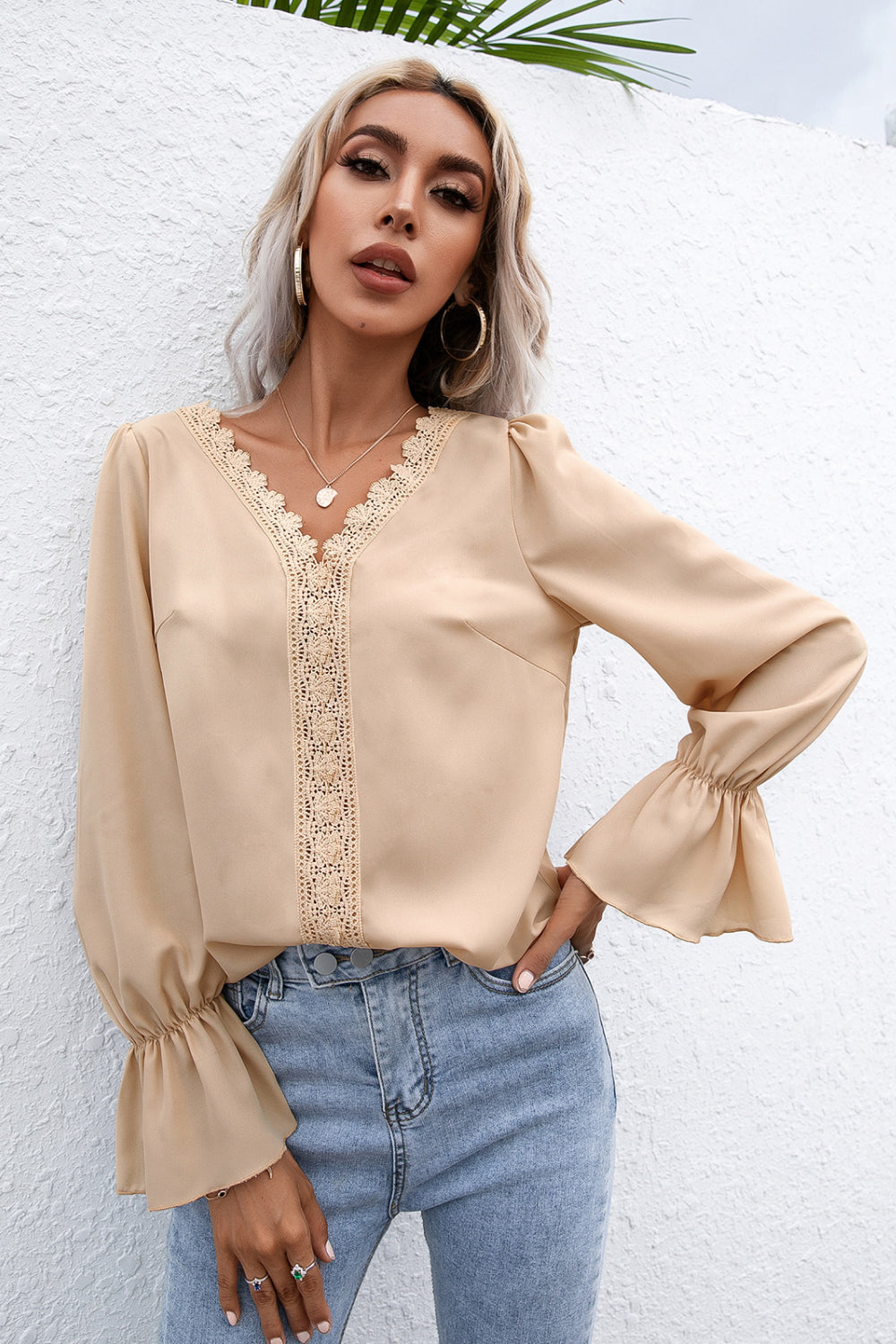Lace Trim Flounce Sleeve Blouse Ins Street