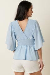 Mittoshop R.S.V.P. Full Size Run Flare Sleeve Peplum Blouse in Blue Ins Street