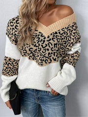Leopard Color Block V-Neck Ribbed Trim Sweater Ins Street