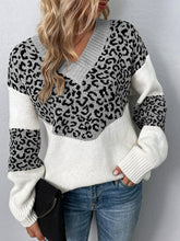 Leopard Color Block V-Neck Ribbed Trim Sweater Ins Street
