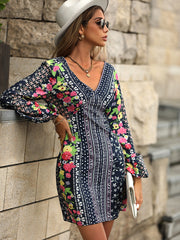 Mixed Print V-Neck Balloon Sleeve Dress Ins Street