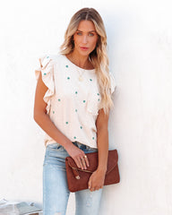 Aileen Cotton Blend Star Print Ruffle Tee - Cream STOR-001