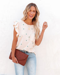 Aileen Cotton Blend Star Print Ruffle Tee - Cream STOR-001