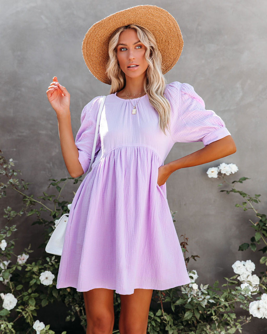 Amber Cotton Pocketed Puff Sleeve Dress - Lavender &MER-001