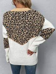 Leopard Color Block V-Neck Ribbed Trim Sweater Ins Street
