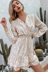 Simplee Long Sleeve V-Neck Polka Dot Print Dress Ins street