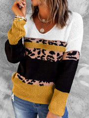 Leopard Color Block V-Neck Rib-Knit Sweater Ins Street
