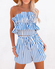 Bianca Cotton Blend Pocketed Striped Tie Shorts - Denim Blue - FINAL SALE InsStreet