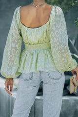 Leopard Square Neck Puff Sleeve Peplum Blouse Ins Street