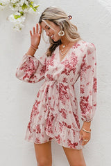 Simple Sexy Deep V-neck Print Dress Spring Long Sleeve Lace-up Women Dress Ins street