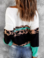 Leopard Color Block V-Neck Rib-Knit Sweater Ins Street
