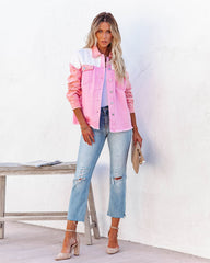 Cavin Pocketed Colorblock Denim Jacket - Pink Combo Ins Street