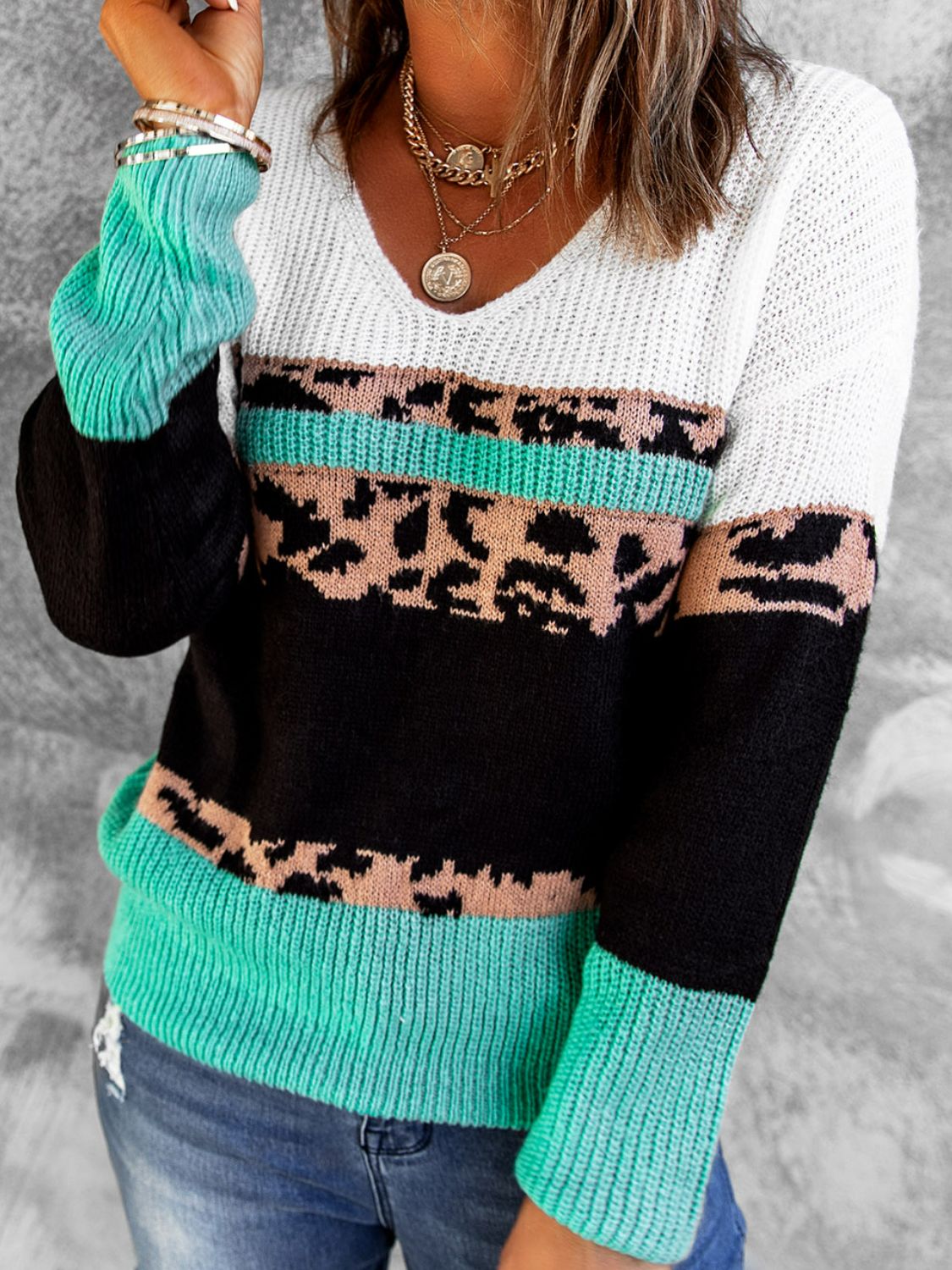Leopard Color Block V-Neck Rib-Knit Sweater Ins Street