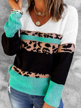 Leopard Color Block V-Neck Rib-Knit Sweater Ins Street