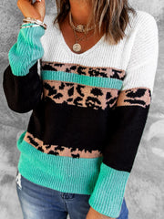 Leopard Color Block V-Neck Rib-Knit Sweater Ins Street