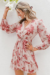 Simple Sexy Deep V-neck Print Dress Spring Long Sleeve Lace-up Women Dress Ins street