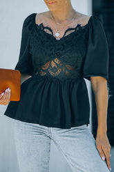 Lace Smocked Puff Sleeve Peplum Top Ins Street