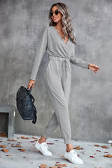 Drawstring Waist Surplice Long Sleeve Jumpsuit Ins Street