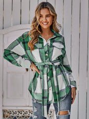 Plaid Belted Dropped Shoulder Shirt Jacket Ins Street
