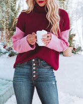 Deena Colorblock Turtleneck Knit Sweater - Wine Pink FLAT-001