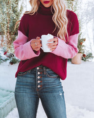 Deena Colorblock Turtleneck Knit Sweater - Wine Pink FLAT-001