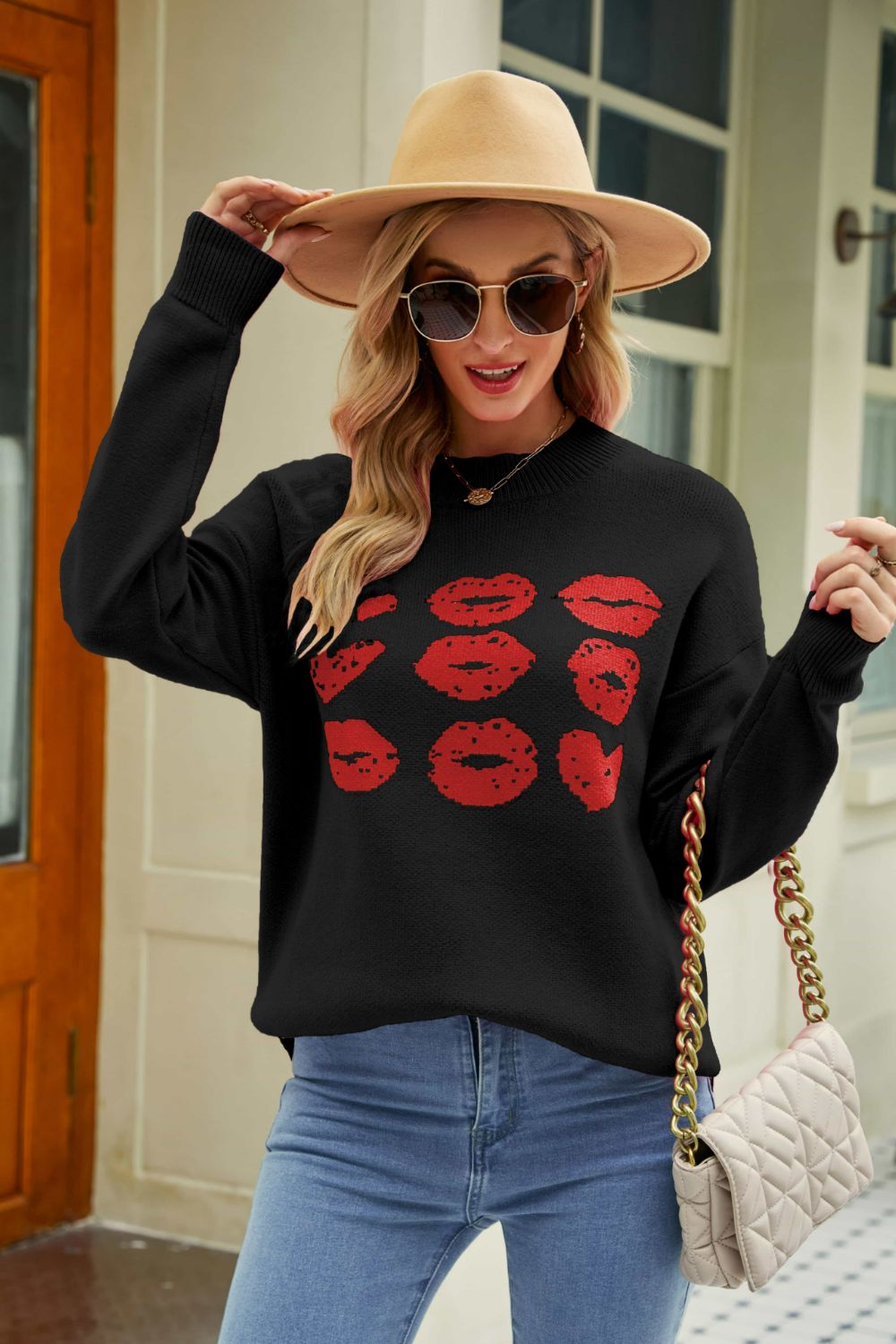 Lip Graphic Slit Dropped Shoulder Sweater Ins Street