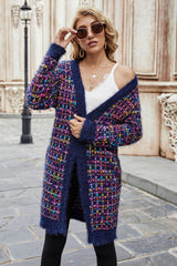Multicolored Ribbed Trim Open Front Cardigan with Pockets Ins Street