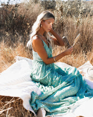 Fathoms Below Adjustable Metallic Tiered Maxi Dress - Seafoam Ins Street