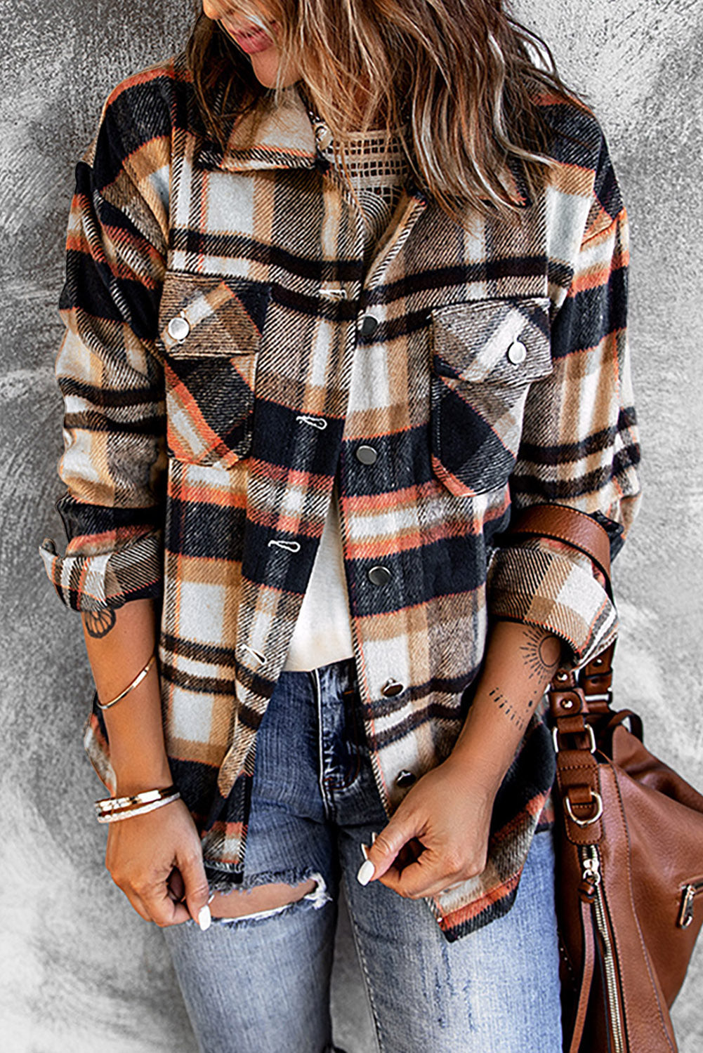 Plaid Button Front Shirt Jacket with Breast Pockets Ins Street