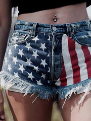 Fringed Star Stripe Print Casual Denim Shorts Ins Street