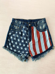 Fringed Star Stripe Print Casual Denim Shorts Ins Street